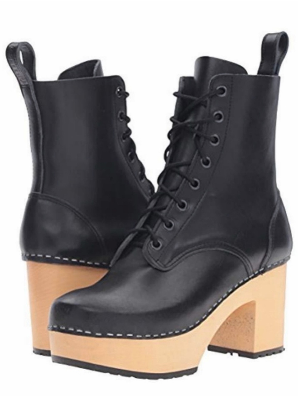 Swedish Hasbeens Hippie Black Lace-Up Platform Boots